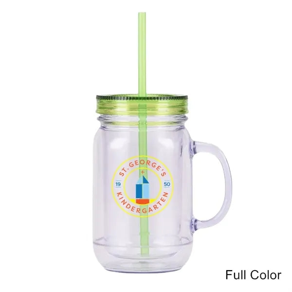 20 oz Double Wall Plastic Mason Jars With Straw and Handle