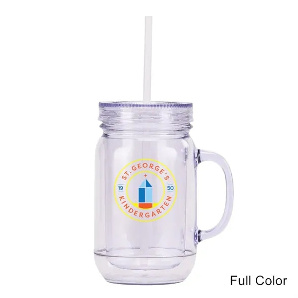 20 oz Double Wall Plastic Mason Jars With Straw and Handle