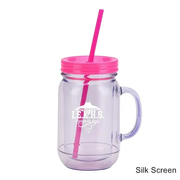 20 oz Double Wall Plastic Mason Jars With Straw and Handle