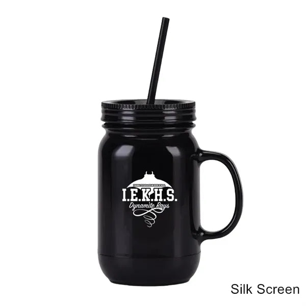 20 oz Double Wall Plastic Mason Jars With Straw and Handle