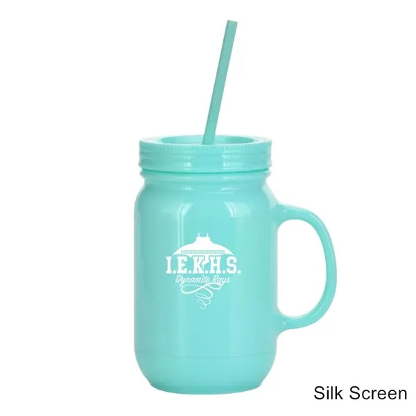 20 oz Double Wall Plastic Mason Jars With Straw and Handle