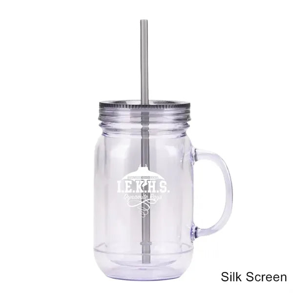 20 oz Double Wall Plastic Mason Jars With Straw and Handle