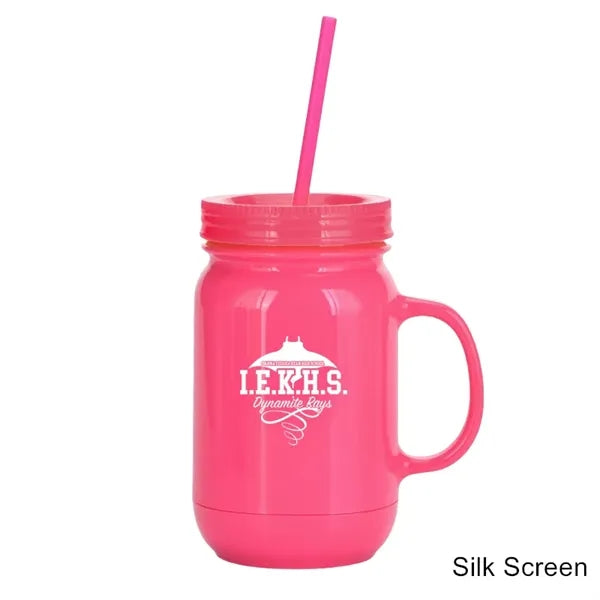 20 oz Double Wall Plastic Mason Jars With Straw and Handle