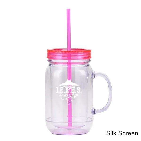 20 oz Double Wall Plastic Mason Jars With Straw and Handle