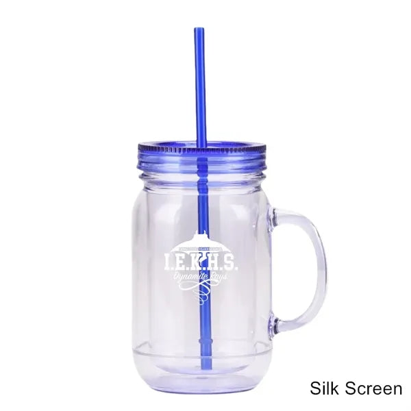 20 oz Double Wall Plastic Mason Jars With Straw and Handle