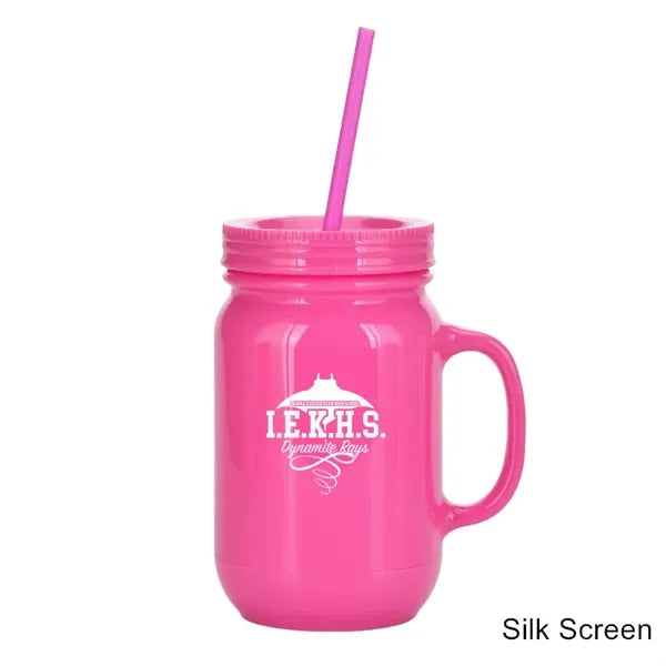 20 oz Double Wall Plastic Mason Jars With Straw and Handle