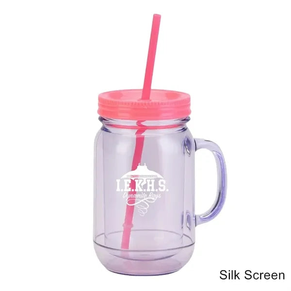 20 oz Double Wall Plastic Mason Jars With Straw and Handle