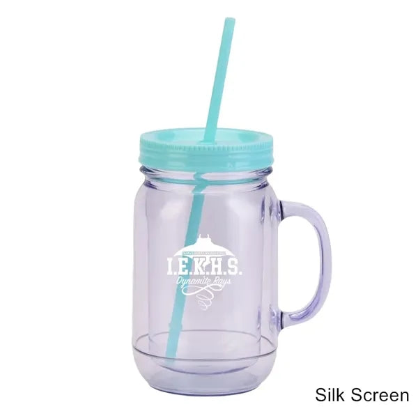 20 oz Double Wall Plastic Mason Jars With Straw and Handle