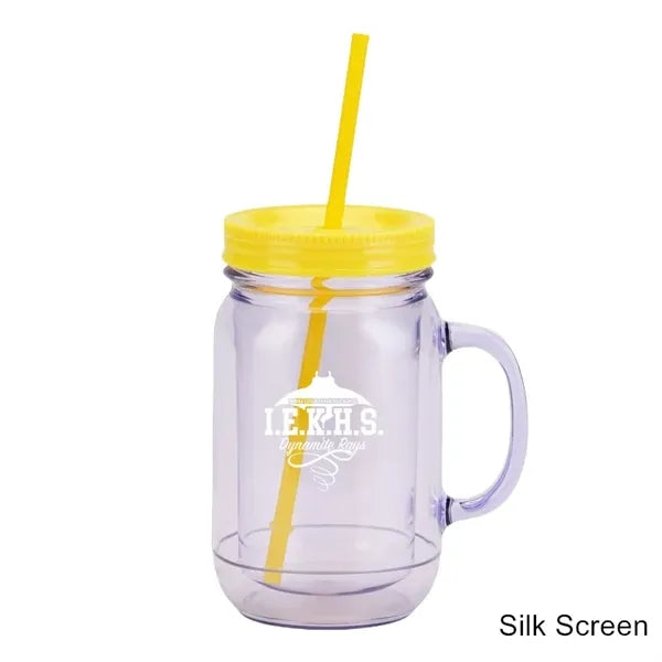 20 oz Double Wall Plastic Mason Jars With Straw and Handle