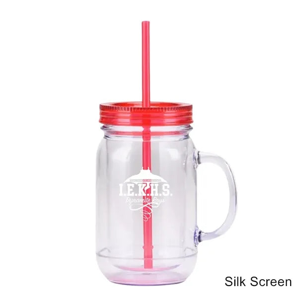 20 oz Double Wall Plastic Mason Jars With Straw and Handle