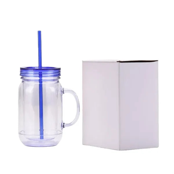 20 oz Double Wall Plastic Mason Jars With Straw and Handle