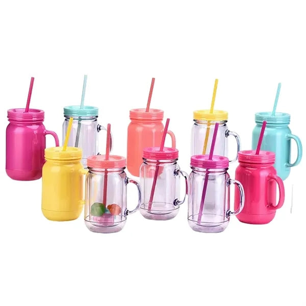 20 oz Double Wall Plastic Mason Jars With Straw and Handle