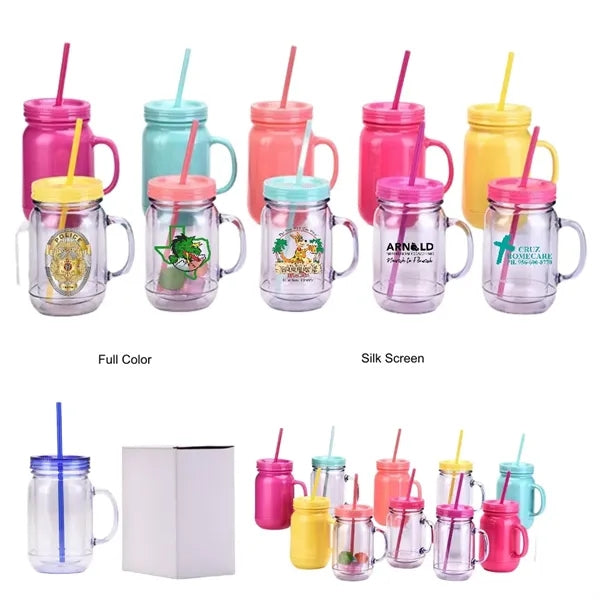 20 oz Double Wall Plastic Mason Jars With Straw and Handle