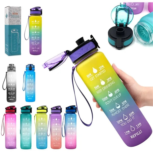 Motivational Water Bottle with Times to Drink and Straw