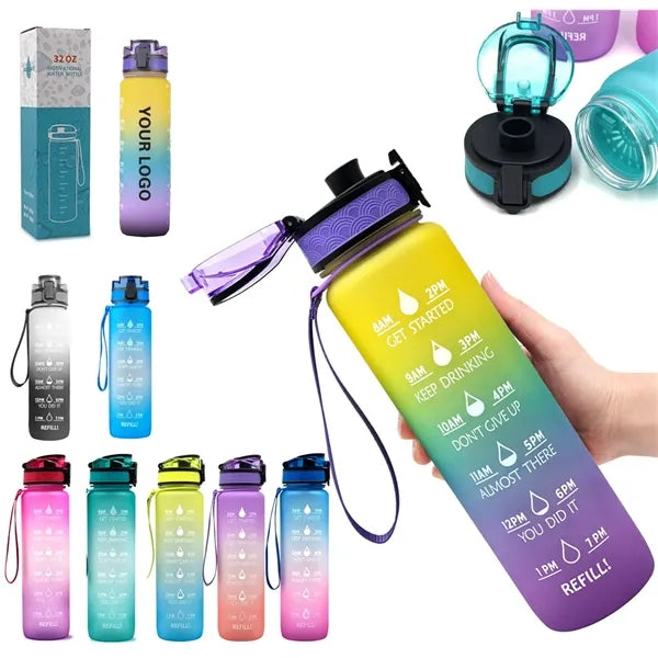 Motivational Water Bottle with Times to Drink and Straw