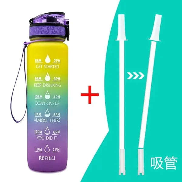 Motivational Water Bottle with Times to Drink and Straw
