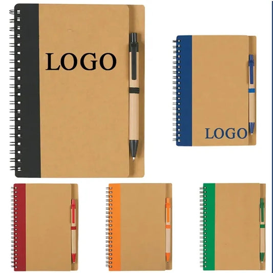 Spiral Kraft Hard Cover Notebook Journal W/Ballpoint Pen