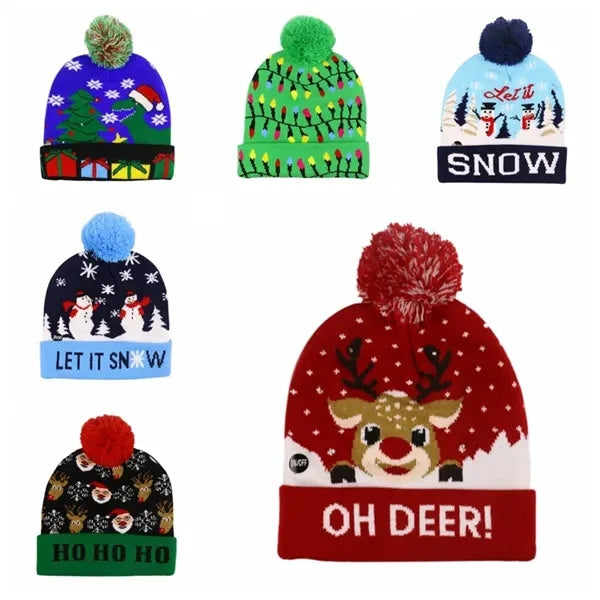 LED Light-Up Christmas Caps, Unisex Santa Beanies, Xmas Hats