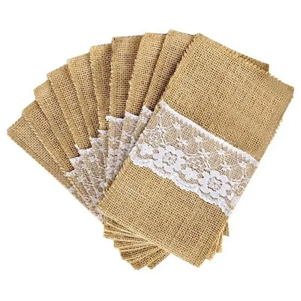 Natural Burlap Lace Silverware Utensil Holders bag pouch