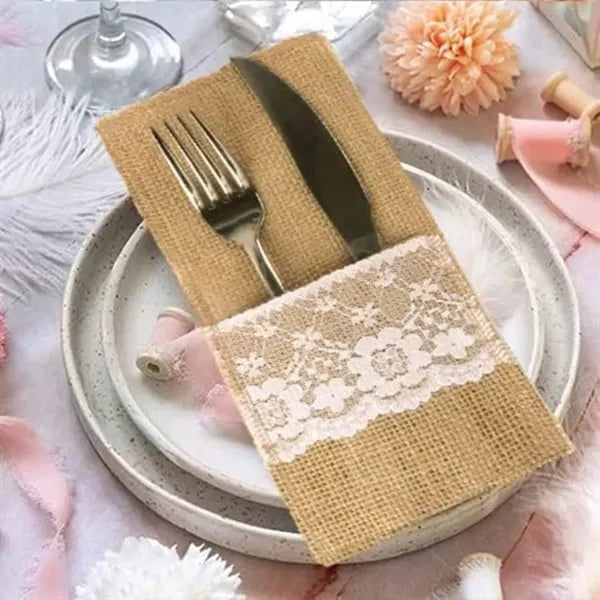 Natural Burlap Lace Silverware Utensil Holders bag pouch