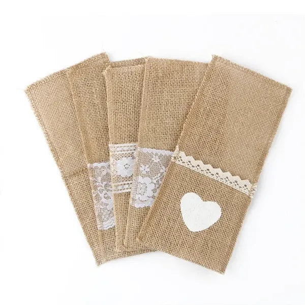 Natural Burlap Lace Silverware Utensil Holders bag pouch