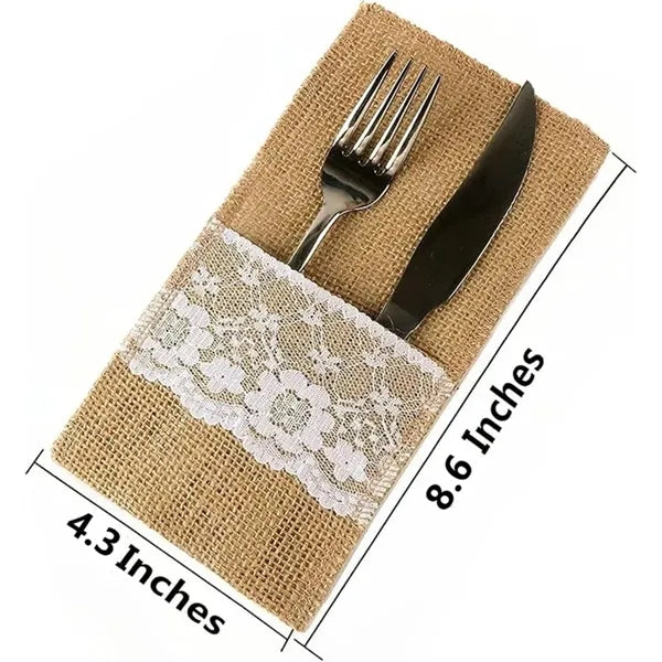 Natural Burlap Lace Silverware Utensil Holders bag pouch