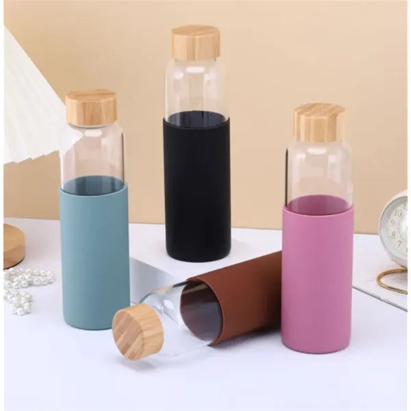 18.6oz Glass Water Bottle with Bamboo Lid w/ Silicone Sleev