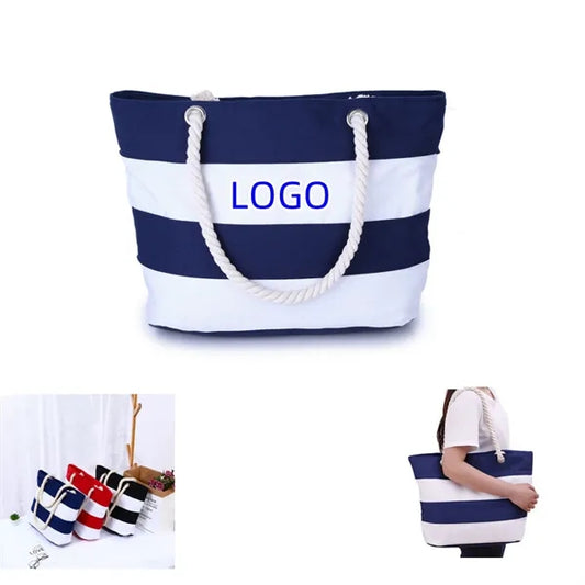 Large Striped Canvas Beach Bag With Cotton Rope Handles