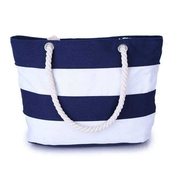 Large Striped Canvas Beach Bag With Cotton Rope Handles