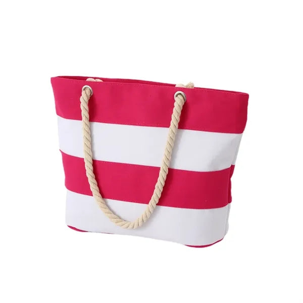 Large Striped Canvas Beach Bag With Cotton Rope Handles