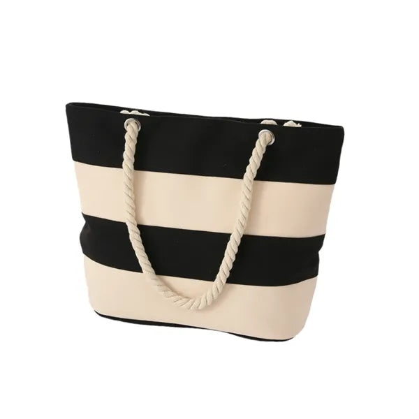 Large Striped Canvas Beach Bag With Cotton Rope Handles