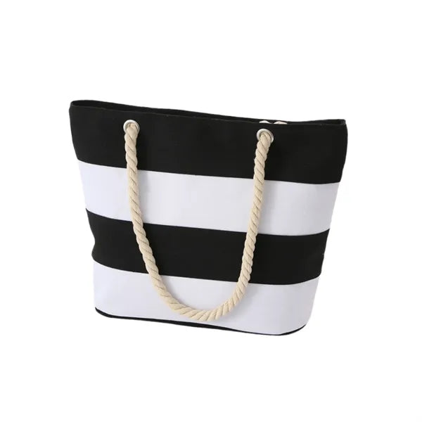 Large Striped Canvas Beach Bag With Cotton Rope Handles