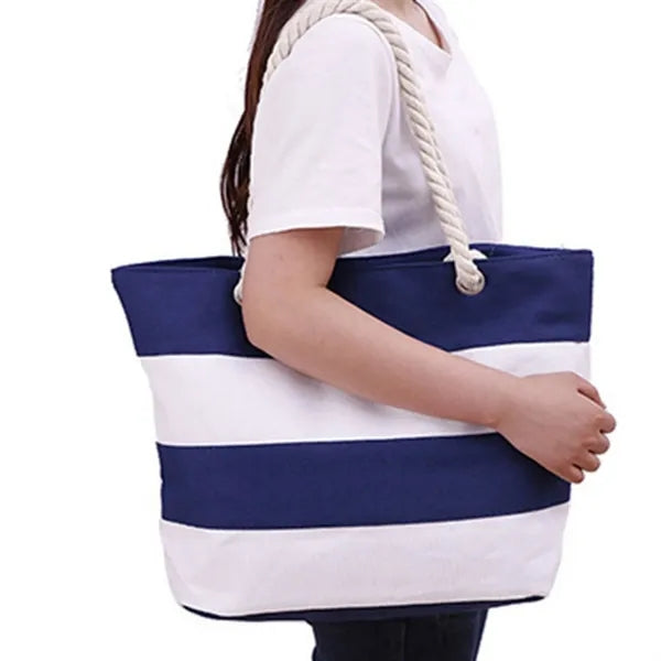 Large Striped Canvas Beach Bag With Cotton Rope Handles