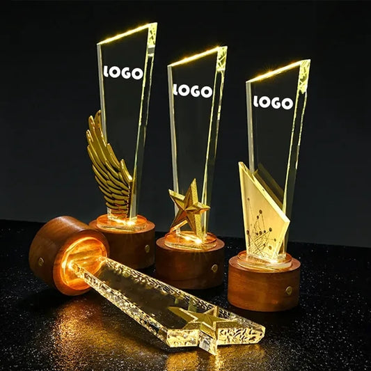 Crystal Award Plaque Trophy W/ Wood Base w/LED lights