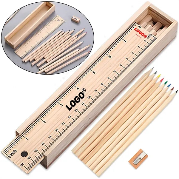 12 Colored Pencil Set With Lead Sharpener And Wooden Ruler