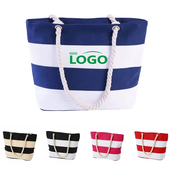 Large Canvas Striped Tote with Rope Handles for Beach
