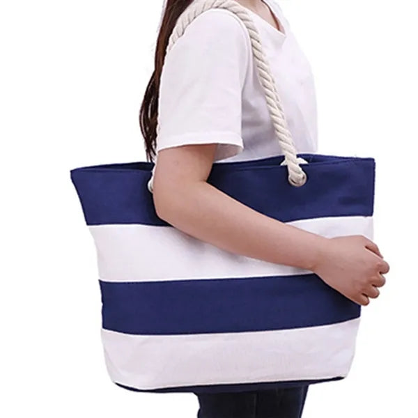 Large Canvas Striped Tote with Rope Handles for Beach