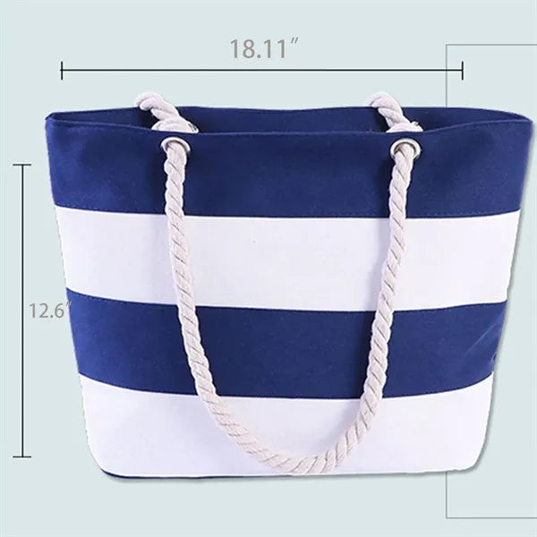 Large Canvas Striped Tote with Rope Handles for Beach