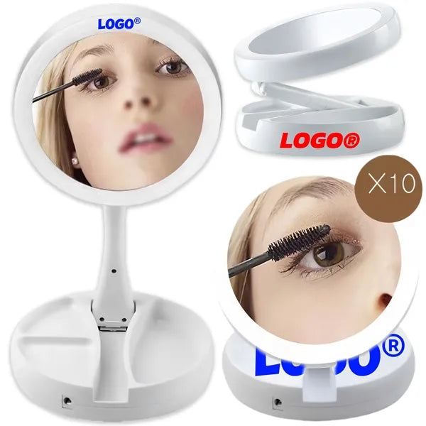 Round Folding LED Outdoor Indoor Makeup Mirror Plug In