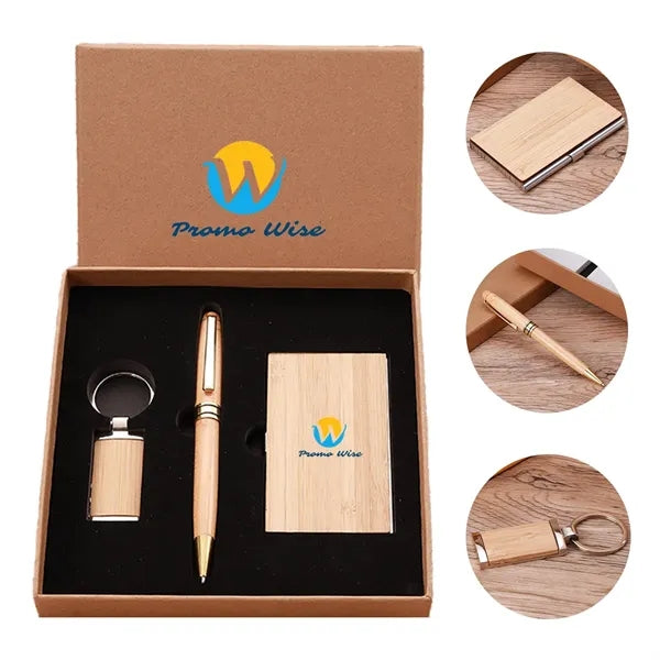 Eco Bamboo Business Card Holder Pen Keychain Gift Kit
