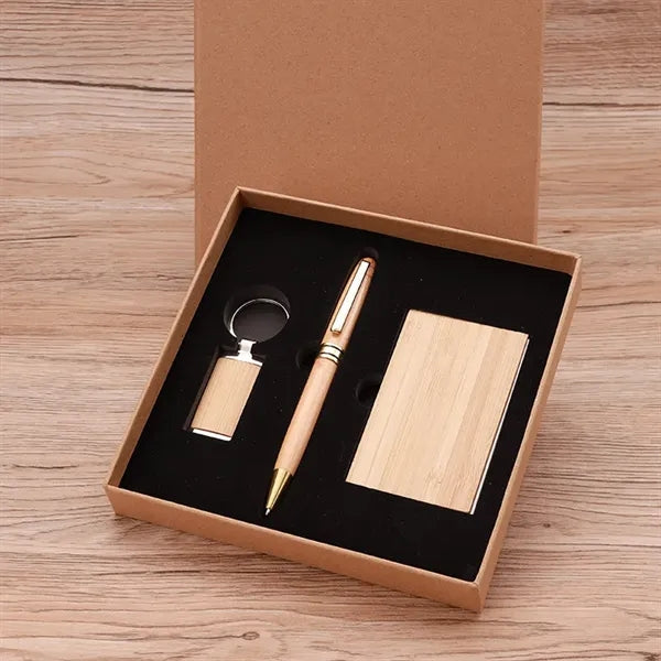 Eco Bamboo Business Card Holder Pen Keychain Gift Kit
