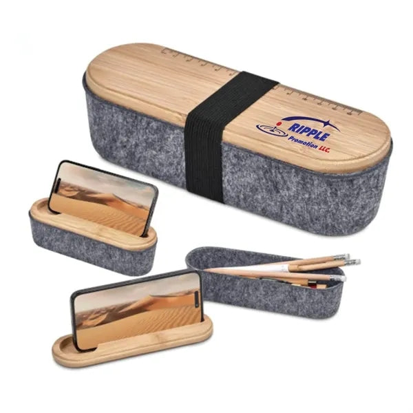 Recycled Felt and Bamboo Dual Pencil Stationery Case