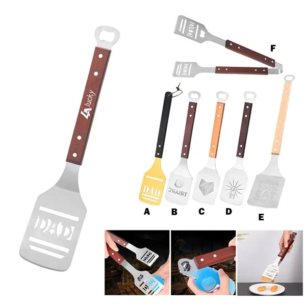 2-in-1 Steak Frying Spatula BBQ Grill Tongs & Bottle Opener
