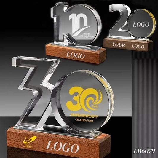 Work Anniversary Crystal Awards with Wood Base