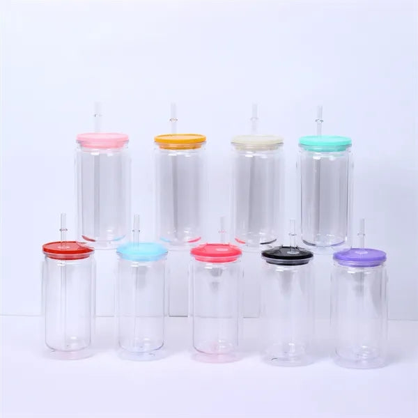 Double Wall Insulted 16oz Plastic Can Cup with Straw and Lid