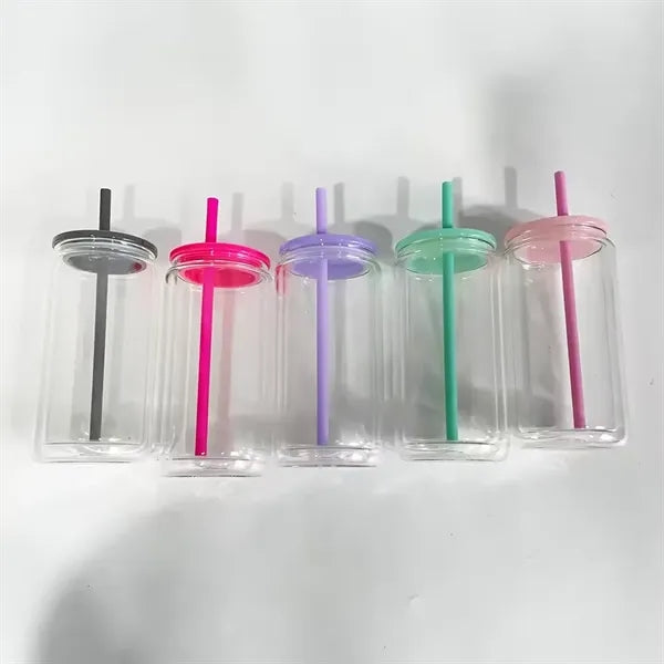 Double Wall Insulted 16oz Plastic Can Cup with Straw and Lid