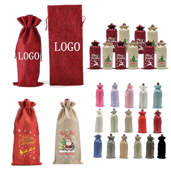 Christmas Custom Jute Wine Bottle Gift Drawstring Bags
