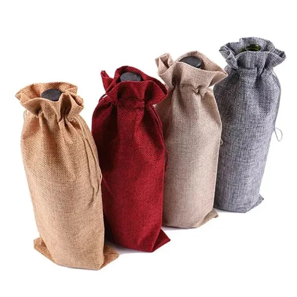Christmas Custom Jute Wine Bottle Gift Drawstring Bags