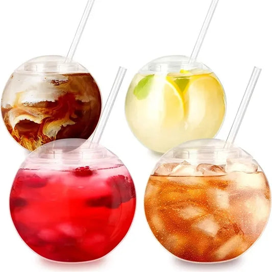 Plastic round disco ball shape drink cup with straw and lid