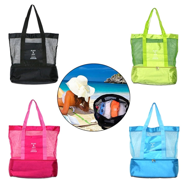 Mesh Beach Tote Bag with zippers Top Insulated Picnic Cooler